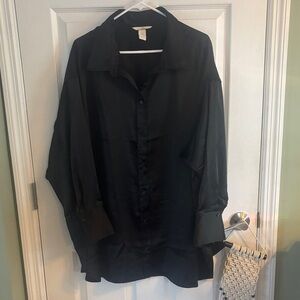 Black Button-Up silky long sleeve tunic